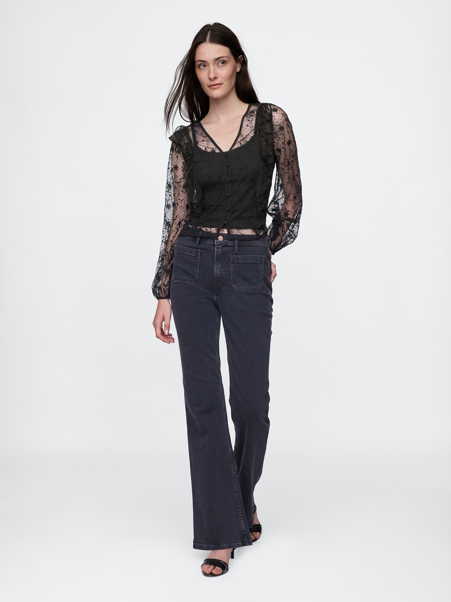 Женский топ Gap Recycled Lace Ruffle Top, цвет: Насыщенный чёрный — фото 3