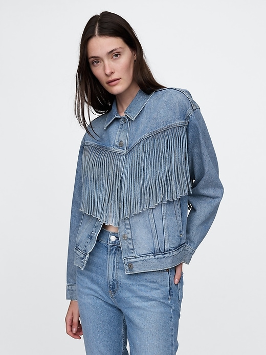 1 of 8 showing, with the color Medium indigo of product Oversized Fringe Western Denim Jacket