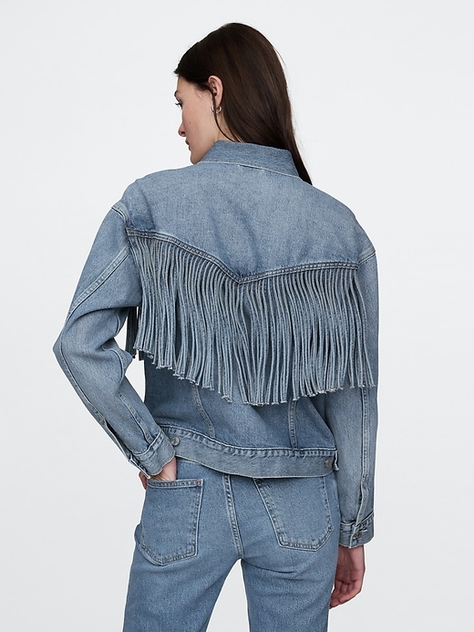 2 of 8 showing, with the color Medium indigo of product Oversized Fringe Western Denim Jacket