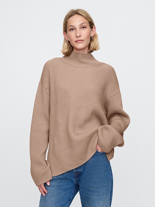 Image number 1 showing, 100% Cotton Oversized Split-Hem Mockneck Sweater