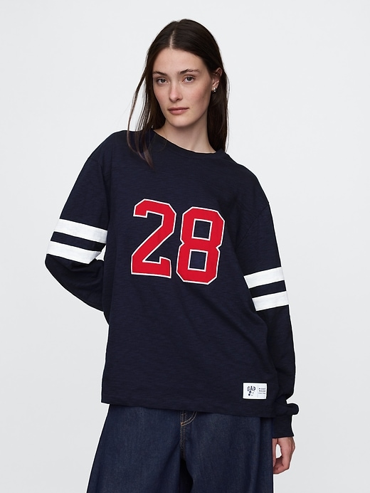 4 of 8 showing, with the color navy uniform of product Gap × Disney Varsity Jersey T-Shirt