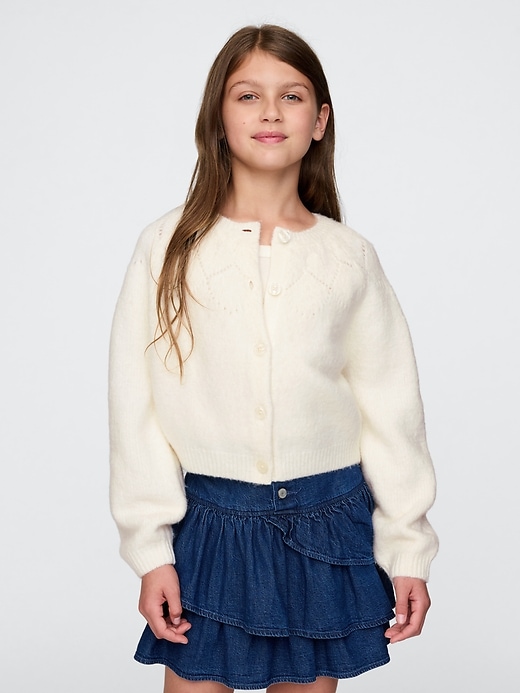 1 of 8 showing, with the color Ivory frost of product Kids Cropped Pointelle Heart Cardigan