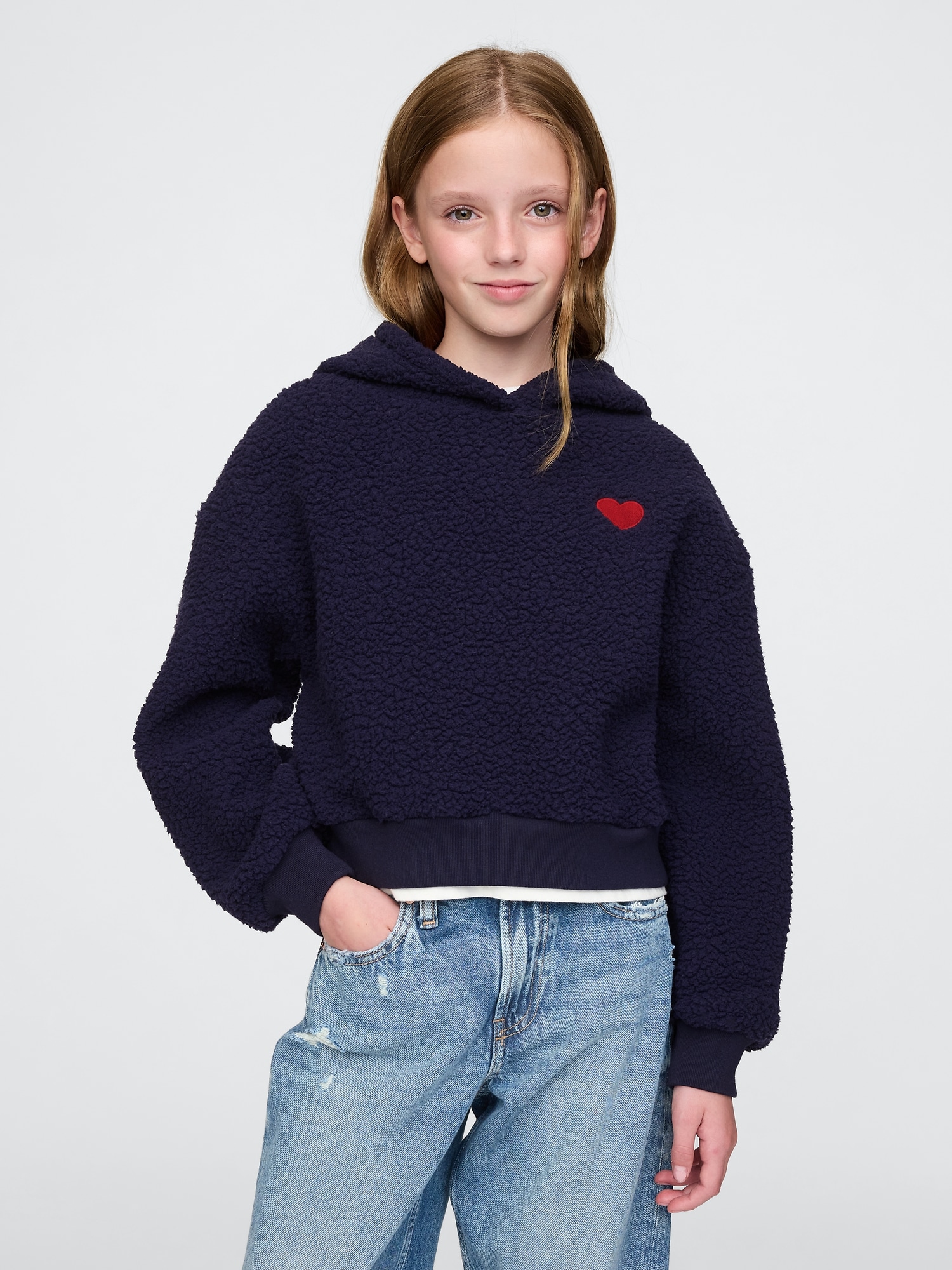 Kids Sherpa Crop Hoodie - Navy