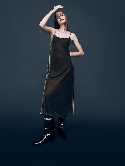 brown velvet slip dress THE MYSTYLEMODE COPPER VELVET DEEP V NECK SIDE SLIT MAXI DRESS