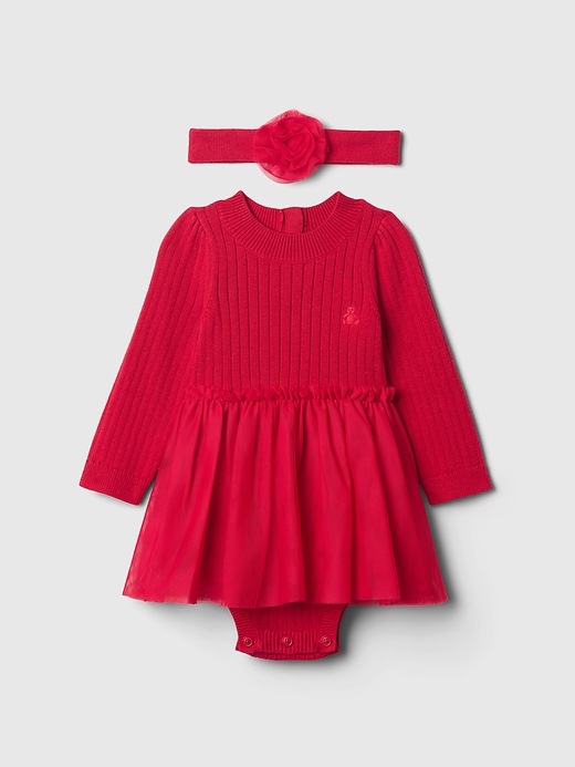 1 of 8 showing, with the color modern red of product Baby Sweater Tulle Bodysuit Dress