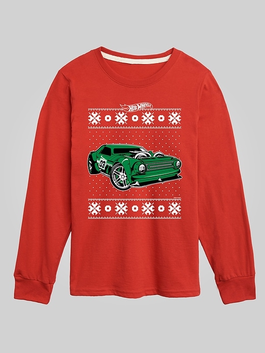 1 of 8 showing, with the color Red of product Toddler Hot Wheels Holiday Sweater Pattern Long Sleeve Graphic Tee