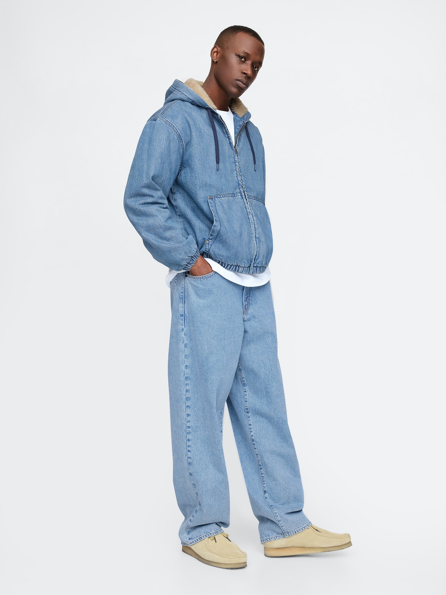 Oversized Sherpa Lined Denim Zip Hoodie Gap