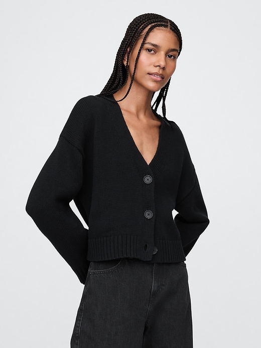 Image number 1 showing, 100% Cotton Cropped V-Neck Cardigan