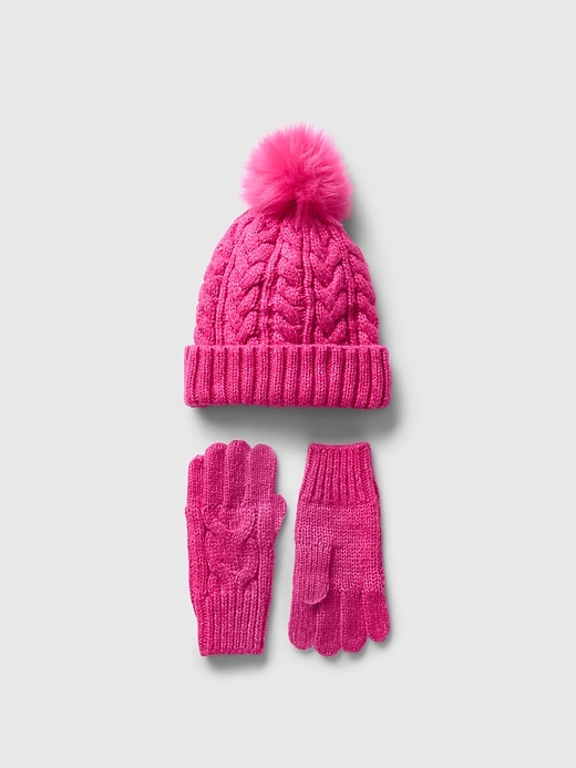 1 of 8 showing, with the color Super pink neon of product Kids Cable-Knit Beanie and Glove Set