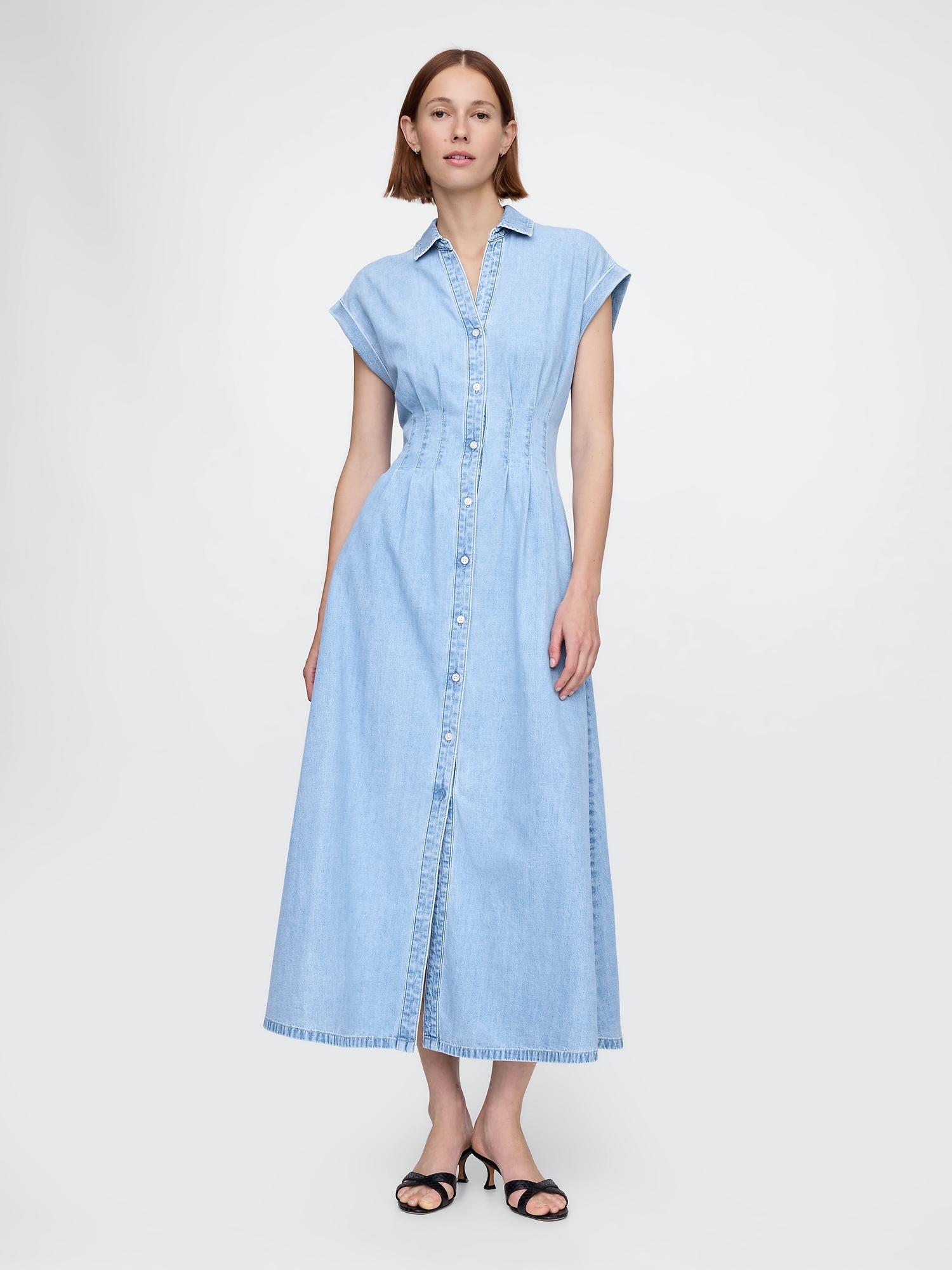 Denim Pleated Maxi Shirtdress