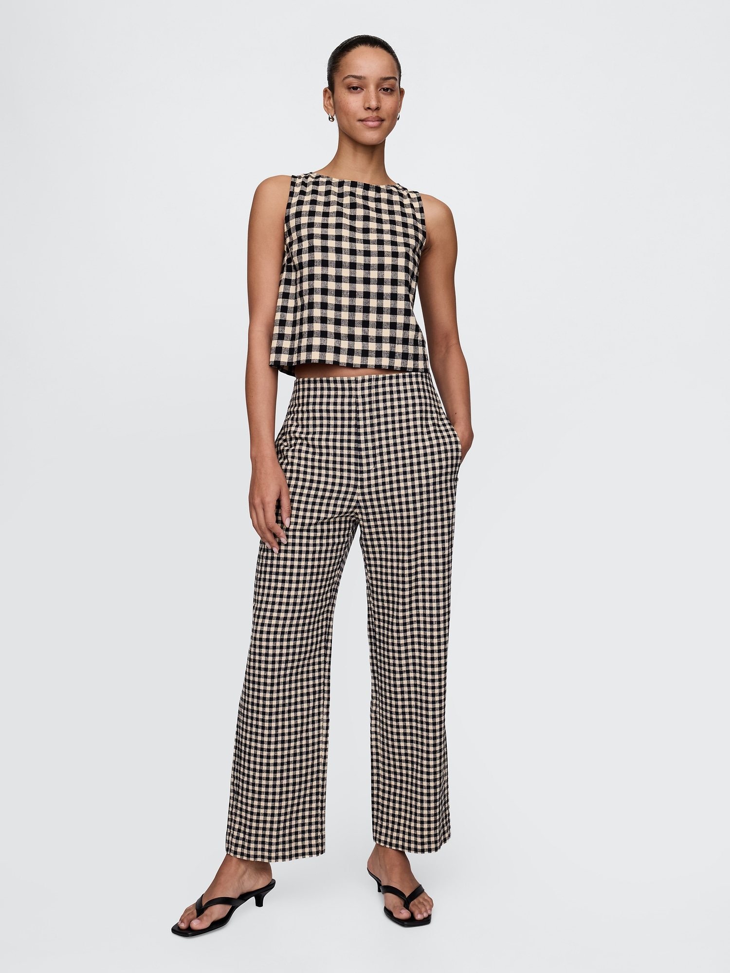 Gap Linen-blend Relaxed Straight Ankle Pants In Black Gingham