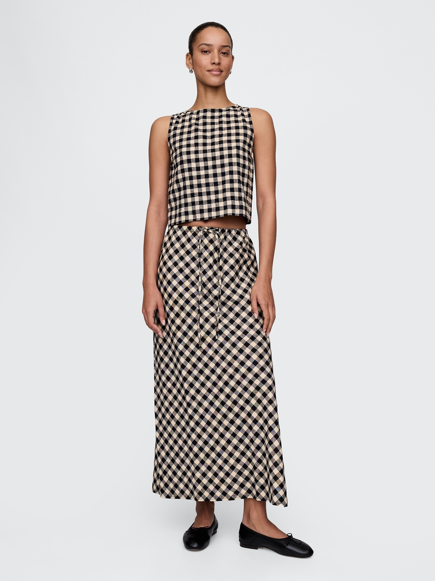 Gap Linen-blend Midi Skirt In Black Gingham