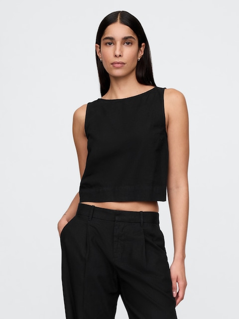 Linen-Blend Crop Shell Tank Top