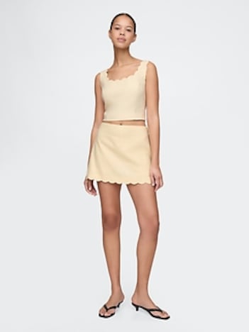 Linen-Blend Scalloped Mini Skort