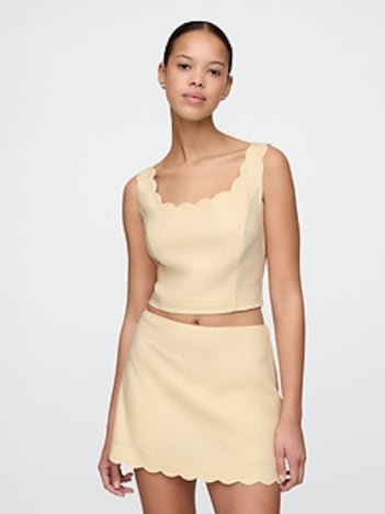 Linen-Blend Scalloped Cropped Top
