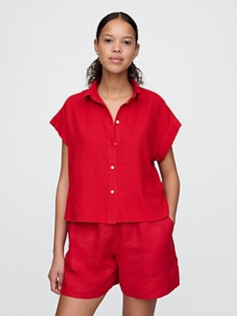 Linen-Blend Crop Shirt