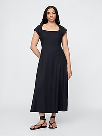 Linen-Blend Cap-Sleeve Midi Dress