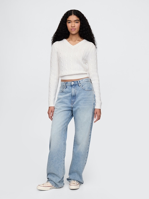 Image number 2 showing, 100% Cotton Cable-Knit V-Neck Sweater