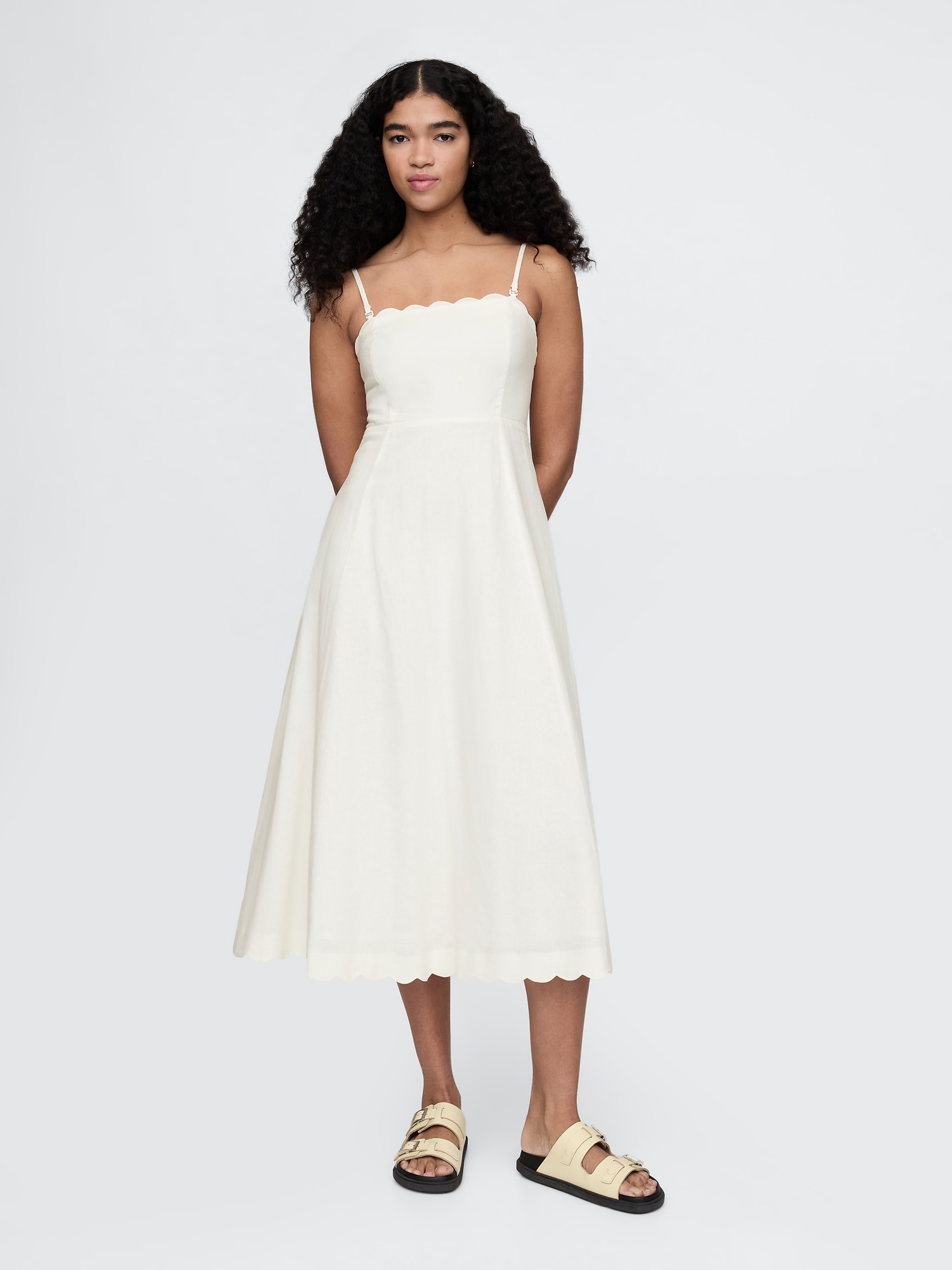 Gap Linen-blend Scalloped Midi Dress In Off White