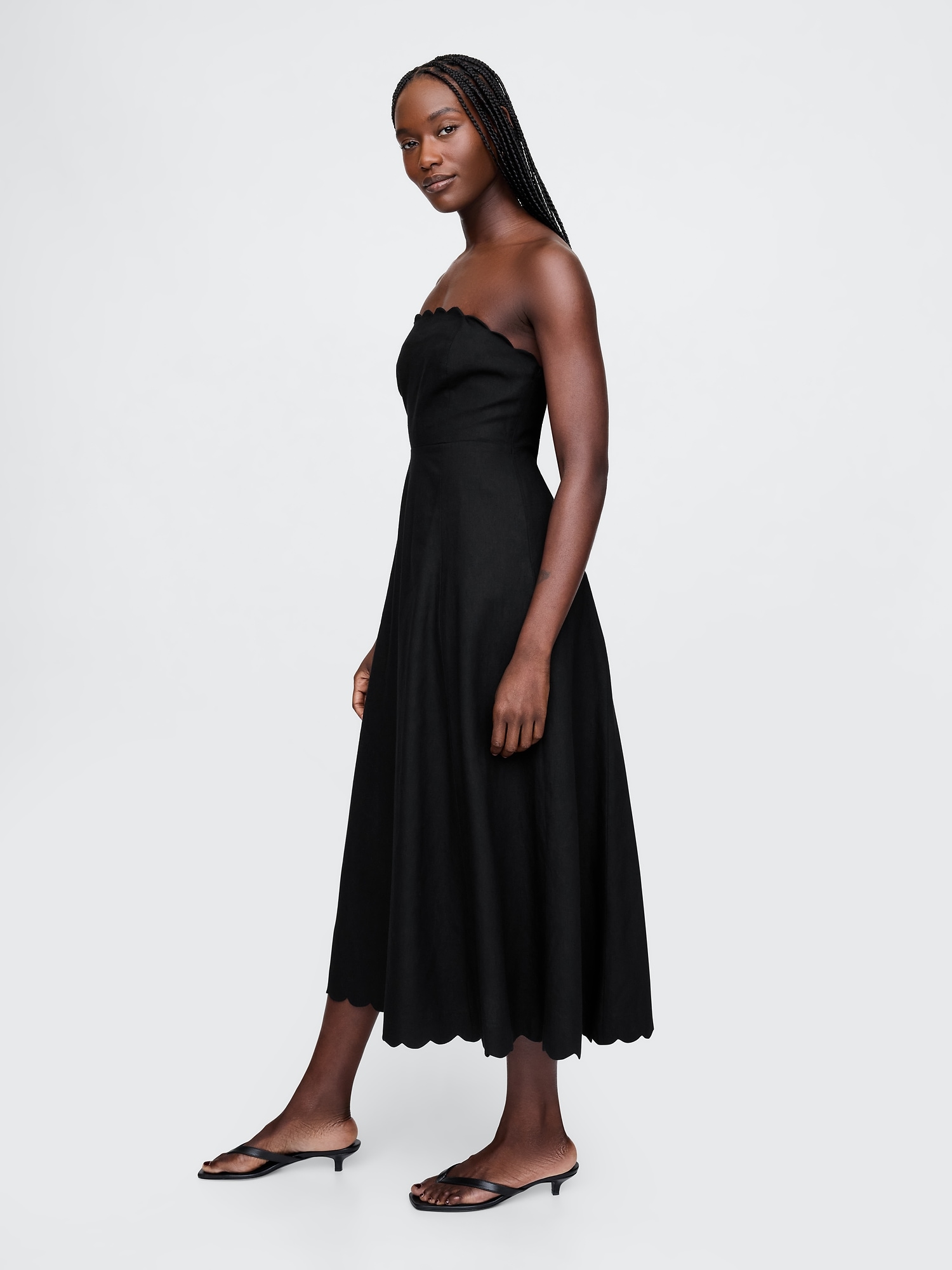 Linen-Blend Scalloped Midi Dress - Black - View 27