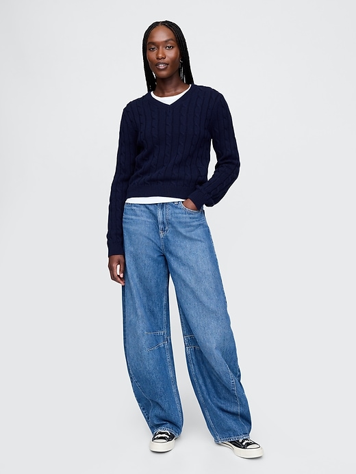 Image number 2 showing, 100% Cotton Cable-Knit V-Neck Sweater