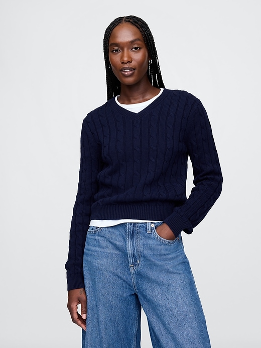 Image number 1 showing, 100% Cotton Cable-Knit V-Neck Sweater