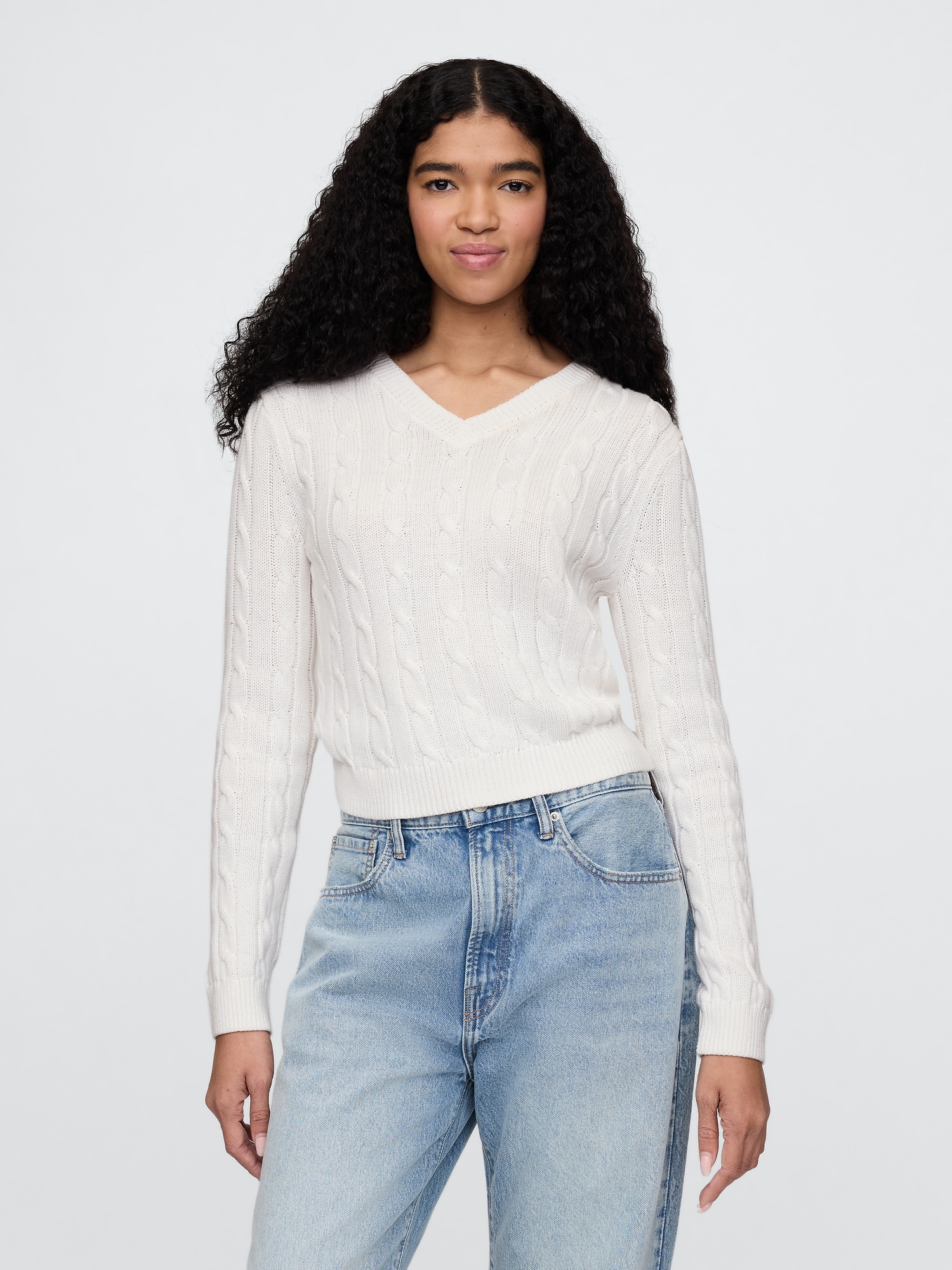 100% Cotton Cable-Knit V-Neck Sweater