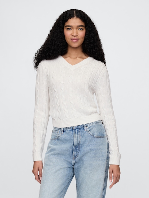 100% Cotton Cable-Knit V-Neck Sweater