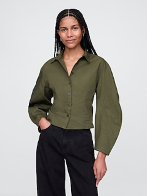 Organic Cotton Poplin Barrel-Sleeve Crop Shirt
