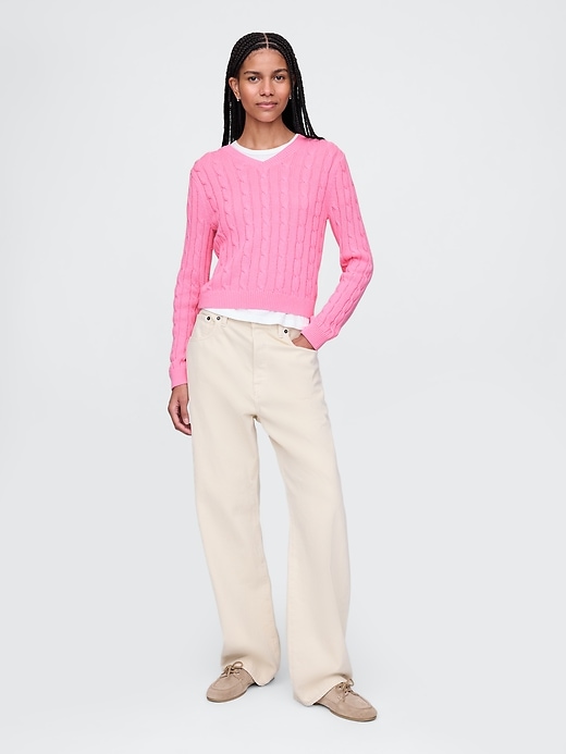 Image number 2 showing, 100% Cotton Cable-Knit V-Neck Sweater