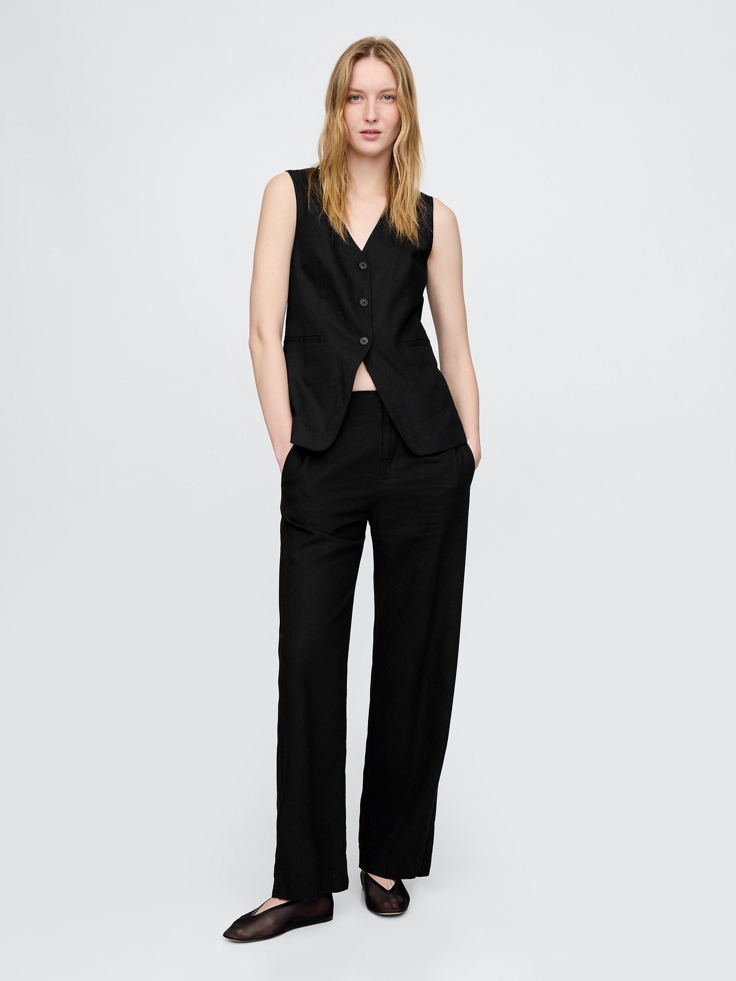 Gap Linen-blend Relaxed Straight Ankle Pants In Basic Black