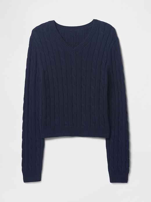 Image number 5 showing, 100% Cotton Cable-Knit V-Neck Sweater