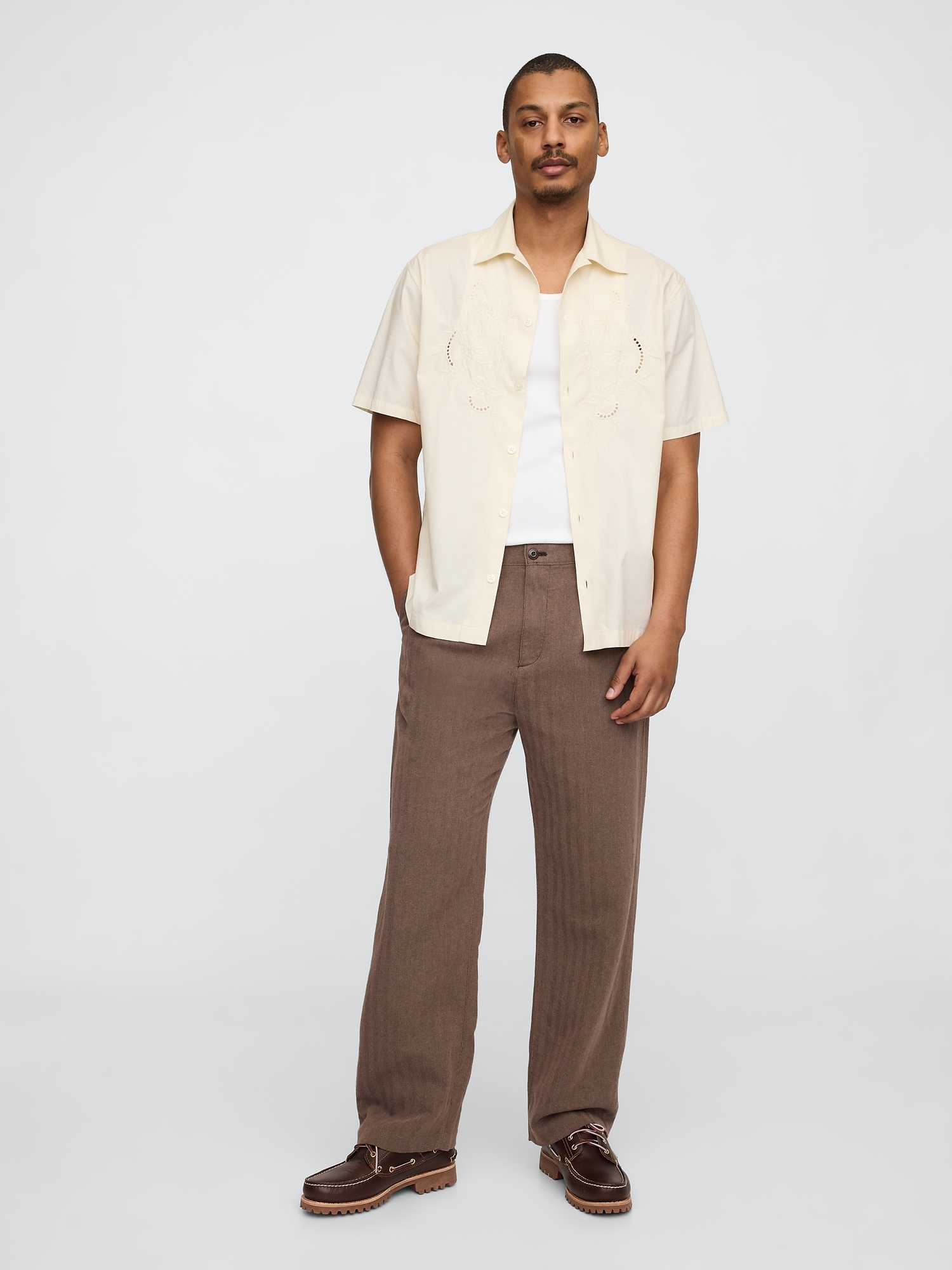 Linen-Cotton '90s Loose Pleated Khakis - Brown