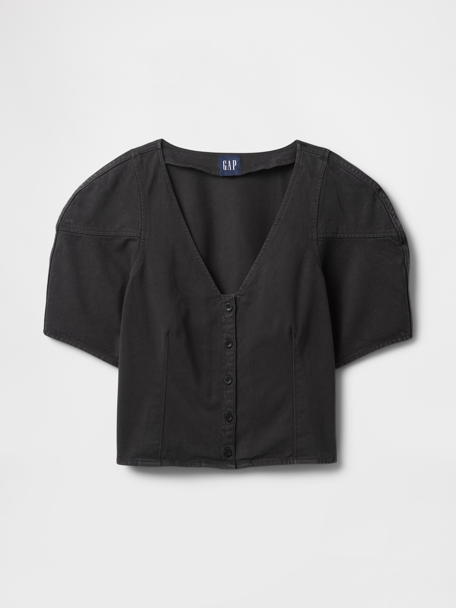 Женская рубашка Gap Cropped Puff-Sleeve Denim Shirt, цвет: Насыщенный чёрный — фото 5