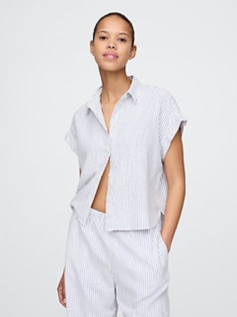 Linen-Blend Crop Shirt