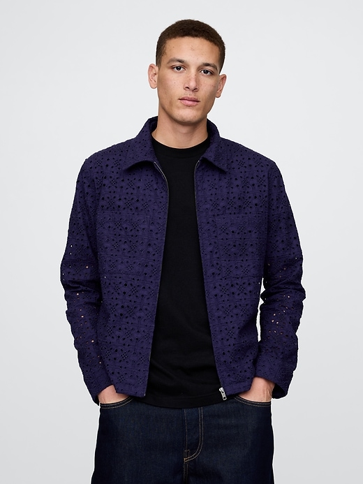 Image number 1 showing, Poplin Eyelet Full-Zip Pocket Shirt
