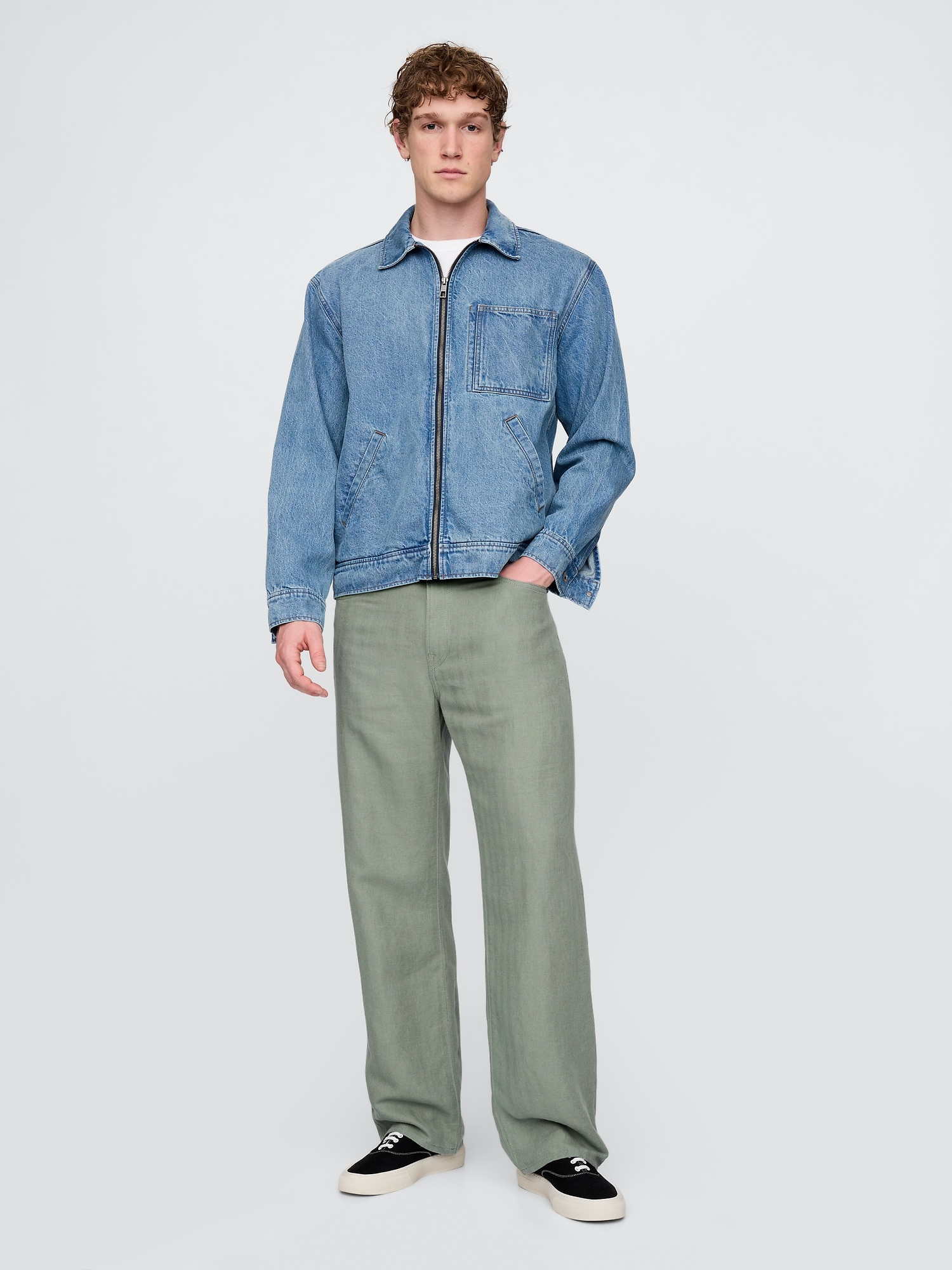 Linen-Cotton '90s Loose Herringbone Pants - Green