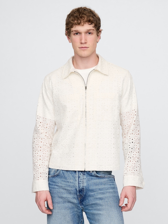 Poplin Eyelet Full-Zip Pocket Shirt