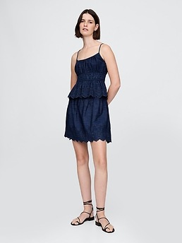 Smocked Eyelet Denim Cami - Blue - View 21