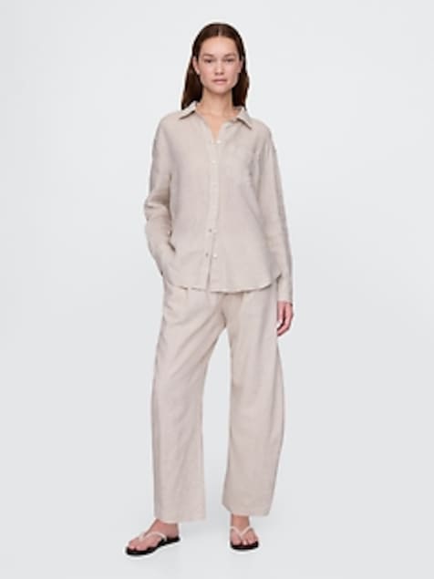 Mid Rise Linen-Blend Easy Barrel Pants