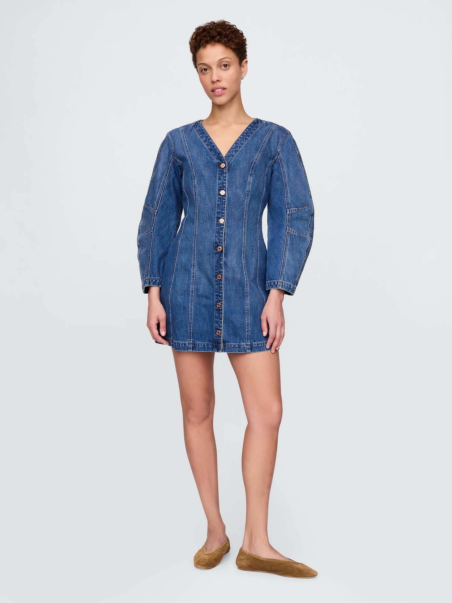 Gap Barrel-sleeve Denim Mini Dress In Medium Wash