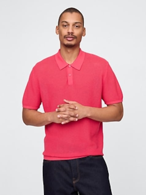 Textured Crochet Polo Sweater