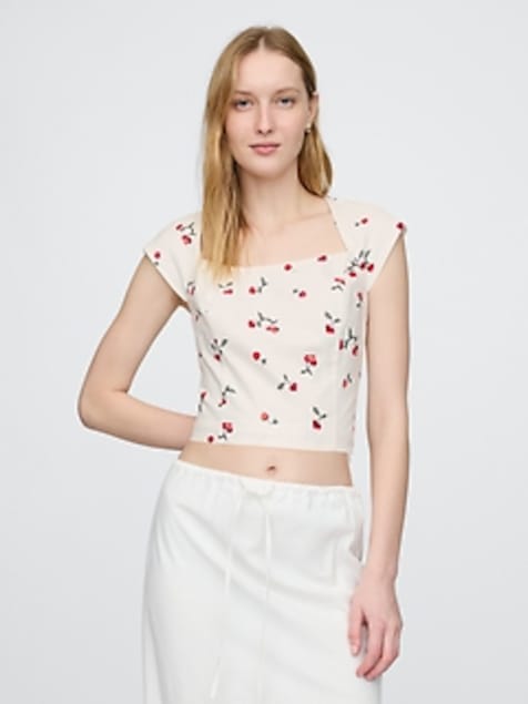 Linen-Blend Cap-Sleeve Crop Top