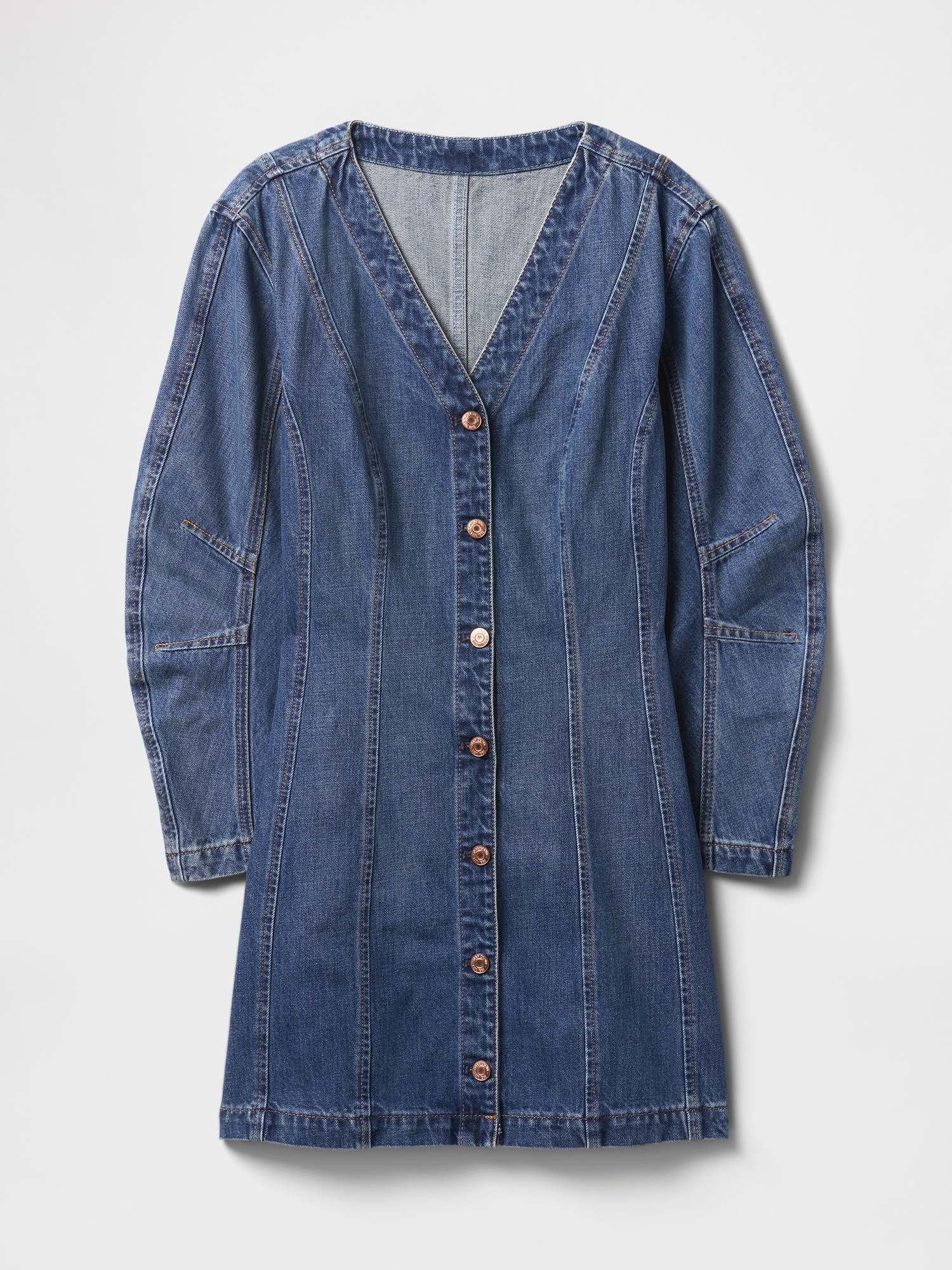 Женское платье Gap Denim Barrel-Sleeve Mini, цвет: Средняя варка — фото 6