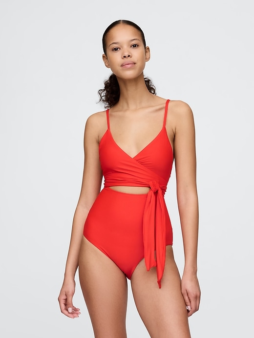 Image number 1 showing, Tie-Knot Cutout Wrap One-Piece Swimsuit