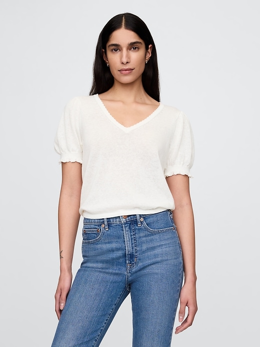 Image number 1 showing, Linen-Blend Puff-Sleeve Top