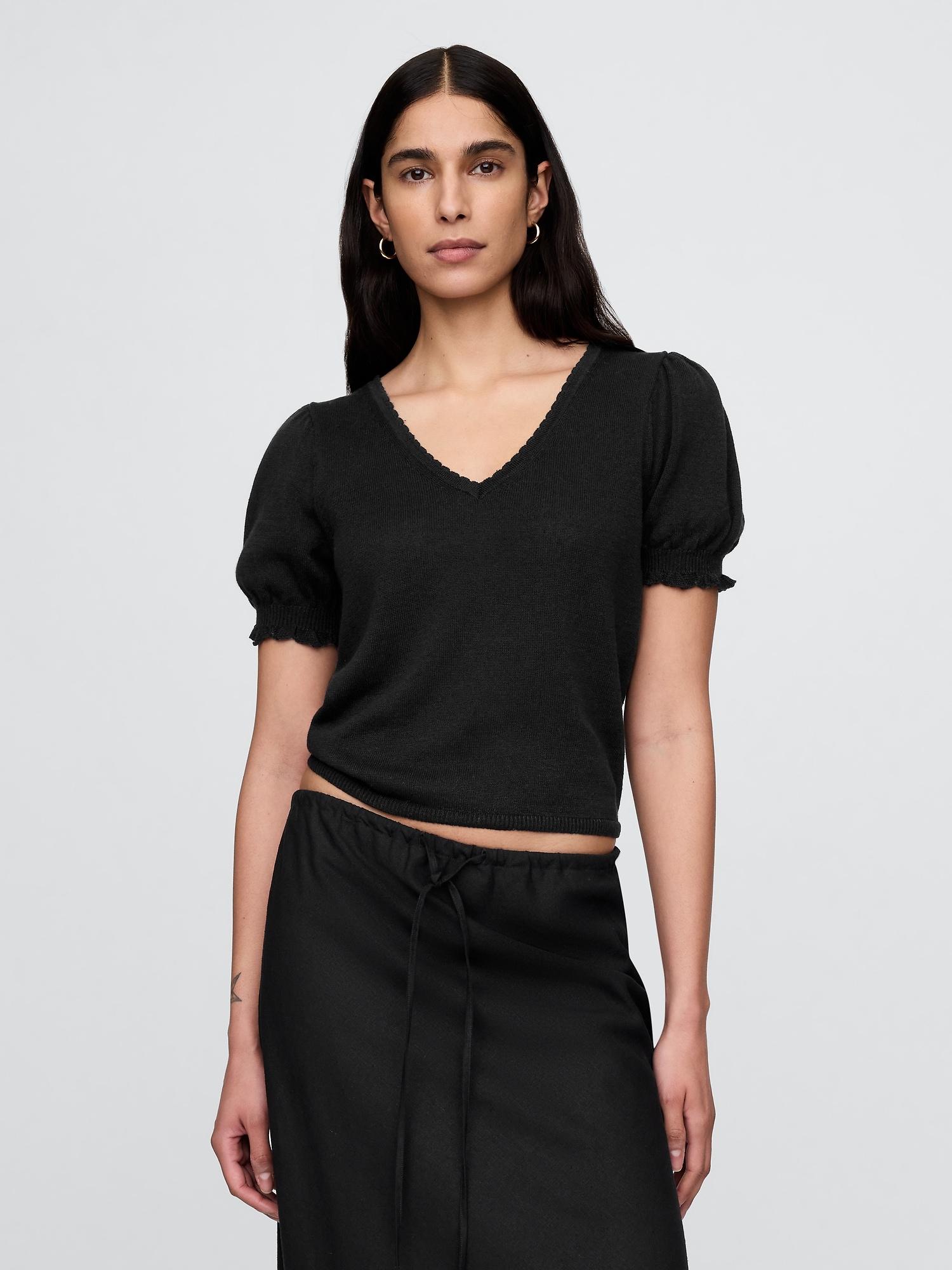 Linen-Blend Puff-Sleeve Top