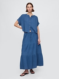 Cotton Gauze Denim Tiered Maxi Skirt