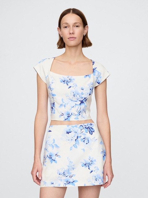 Linen-Blend Cap-Sleeve Crop Top