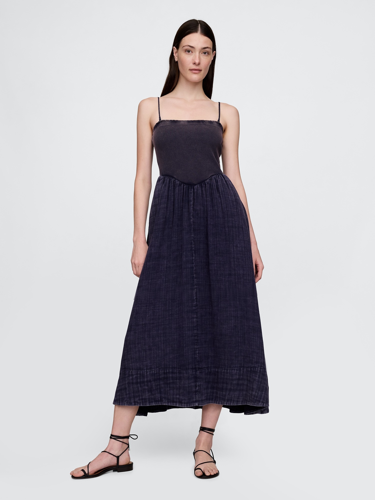 Shop Gap Crinkle Gauze Mixed Media Maxi Dress In Rinse Washed Indigo